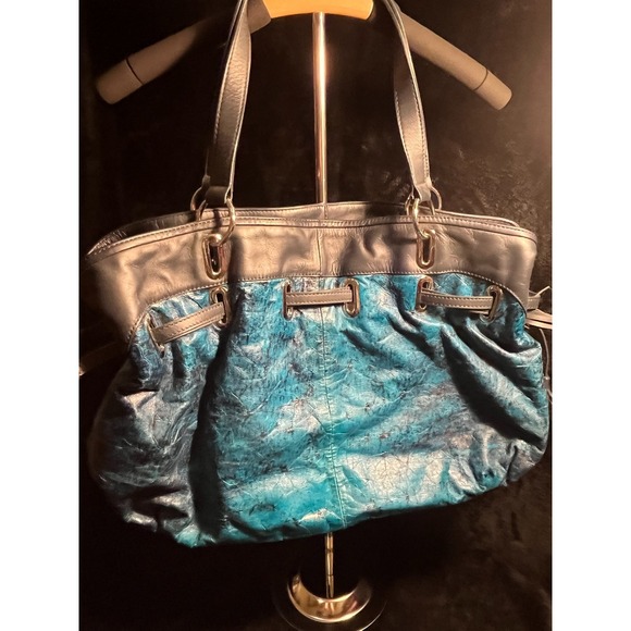 Donald J. Pliner Turquoise Embossed Leather Drawstring Shoulder Bag/ Purse RARE! - Picture 4 of 15